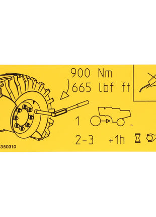 The AGCO Decal, Wheel Bolt Torque - Acw4350310 is a yellow sticker detailing the steps to tighten a wheel bolt to 900 Nm (665 lbf ft). It includes a diagram featuring a wheel, nut, and wrench with step-by-step torque process instructions labeled as 1, 2-3, and +1h.