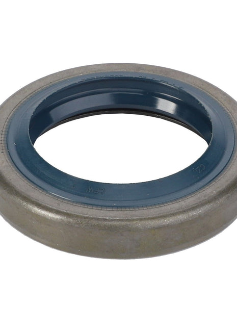 The AGCO Gasket, Cutting Blade Hub - D45412000 is a circular metallic oil seal with a blue inner ring, designed to meet high-performance demands and prevent leaks in machinery.