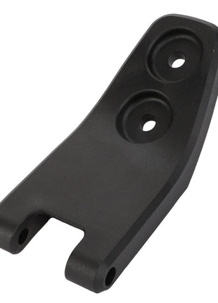 The AGCO Hinge, Right Hand - Acw313842B is a black metal bracket featuring three mounting holes: two situated on a flat surface and one on an elevated end with a U-shaped bottom. Unfortunately, there is no additional product description information currently available.