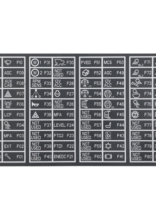 A fuse box diagram with labels indicating fuse purposes and positions, including icons and codes for features like fans, sensors, air conditioning, and more. Some positions are labeled "Not Used". Currently, no additional product description information is available for the AGCO | Decal - Acw1442240 from AGCO.