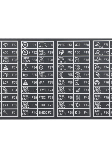 A fuse box diagram with labels indicating fuse purposes and positions, including icons and codes for features like fans, sensors, air conditioning, and more. Some positions are labeled "Not Used". Currently, no additional product description information is available for the AGCO | Decal - Acw1442240 from AGCO.