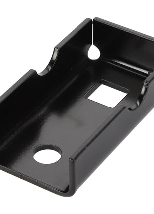 No current product description information is available for the AGCO CLAMP - D28981332, a black, rectangular metal bracket featuring two circular mounting holes and one square cutout in the center.