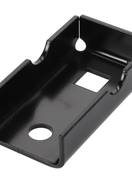No current product description information is available for the AGCO CLAMP - D28981332, a black, rectangular metal bracket featuring two circular mounting holes and one square cutout in the center.