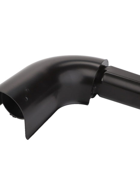 The AGCO | Tube - 4296213M2 is a black, curved metal pipe attachment featuring a cylindrical connector and a flanged end, designed for compatibility with various Fendt models.