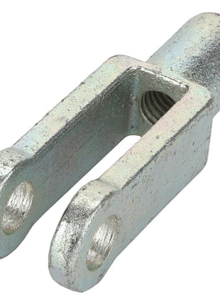 The AGCO | YOKE - ACY1500010 is a metallic clevis bracket with a cylindrical body that includes a threaded section and two parallel prongs with eyelets, although specific applications are not provided.