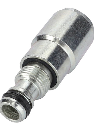 Close-up image of the AGCO | ADAPTER - AL11120622 by AGCO, showcasing a sleek metallic quick-connect fitting with a threaded end and an O-ring for sealing, specifically designed for secure hydraulic or pneumatic connections.