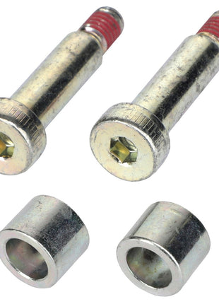 Two metallic hex socket head cap screws with red threadlock on the tips, and two cylindrical metal spacers from the AGCO KIT, SCREW - ACP0636850. No current product description available.