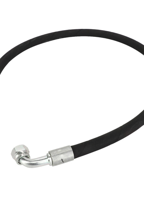 The AGCO Hydraulic Hose - Acw3130650 by AGCO is a rubber hose equipped with metal connectors at both ends—one connector is straight, while the other is bent at a 90-degree angle. Further details about the product are currently unavailable.