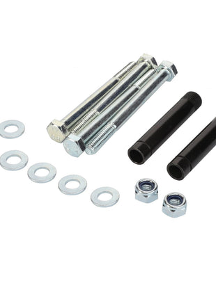 A set of AGCO metal bolts, washers, and nuts, with two black cylindrical components, laid out on a white background. This product is identified as KIT, SCREW - AL5220354. Currently, no product description information is available.