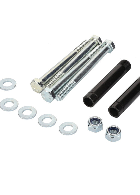 A set of AGCO metal bolts, washers, and nuts, with two black cylindrical components, laid out on a white background. This product is identified as KIT, SCREW - AL5220354. Currently, no product description information is available.