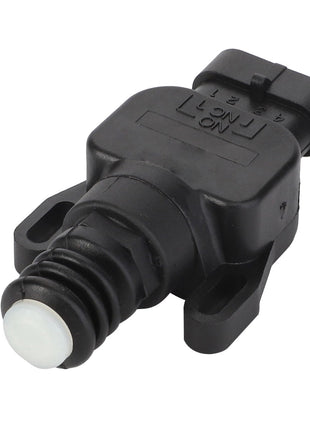 Close-up view of the AGCO Switch - Acp0420700, a black automotive sensor with a cylindrical white tip, featuring mounting holes and a connector plug at the top.