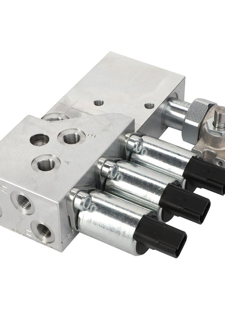 A metallic hydraulic valve assembly, AGCO | Valve - Acp0671660, featuring multiple ports and a combination of metal and plastic components. No current product description available.