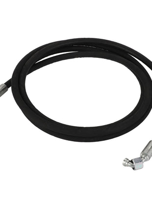 The AGCO | Hydraulic Hose - Acw0928460 is a robust, coiled black hydraulic hose with metal connectors at both ends, meticulously designed for efficient fluid transport in machinery or industrial equipment.