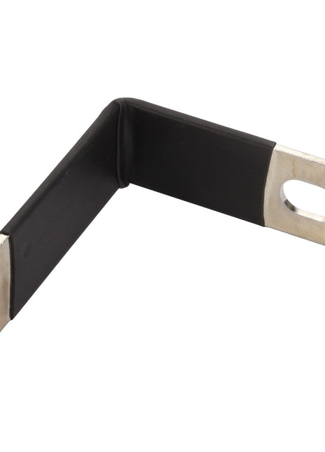 The AGCO | Buss Bar - Acw0843640 is a sturdy metal L-shaped bracket featuring black insulation and designed with two oval holes at each end for secure mounting.