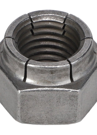 A close-up of the AGCO HEX LOCKNUT - AG516176, showcasing its metallic hexagonal design with internal threading and a smooth surface with no visible notches.