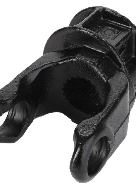 Close-up view of the AGCO YOKE - D46150367, a black metal yoke with two prongs and a central circular opening, used in mechanical or automotive applications. Please note that no current product description information is available for this item.