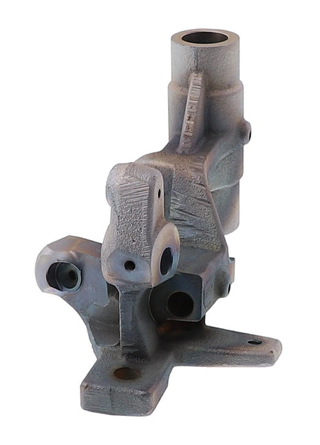 The AGCO | Knotter Head Frame - Acw3795860 is a metal component with multiple openings, protrusions, and a cylindrical section, designed for use in machinery or automotive applications, and is pictured isolated on a white background.