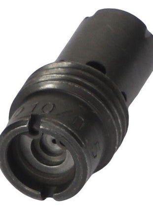 Close-up of the AGCO | Flow Regulator - Acw4975660, a cylindrical, dark-colored mechanical component featuring grooved rings and a hollow, threaded opening. No current product description information is available.