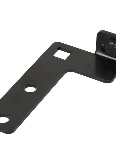 The AGCO Support - Acw1336320 is a black metal bracket featuring three circular holes, one rectangular hole, and an attached screw and bolt.