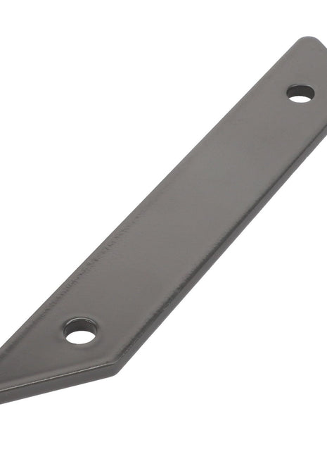 The AGCO Corner (Acx2869490) is a flat, elongated rectangular metal plate featuring a pointed end and two circular holes near each end, providing versatile attachment options.
