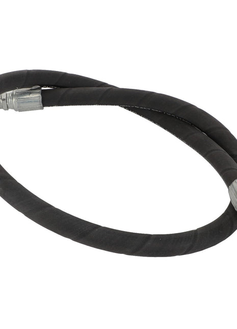 Introducing the AGCO | Hydr. Hose - Acw2023090, a versatile black flexible hydraulic hose with metal fittings on both ends, expertly coiled in a circular shape.