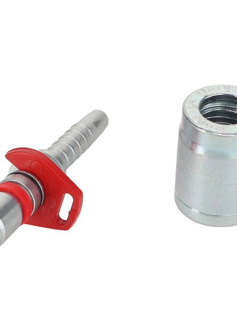 A metal coupling connector with a red lever next to a cylindrical metal fitting, designed for front loaders using AGCO original parts, specifically the AGCO KIT, HOSE FITTING - AL4500379.