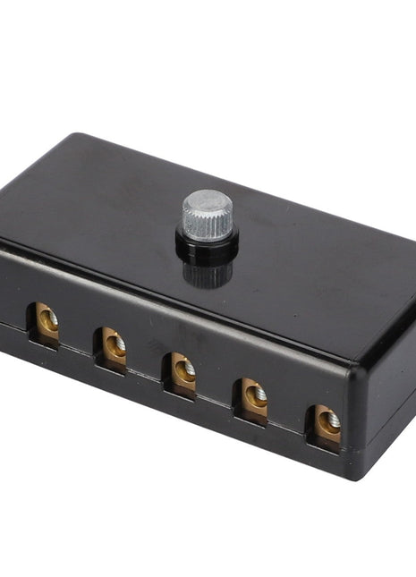 No current product description available for the AGCO Fuse-Box - F231901040010, a rectangular black electrical connector block featuring six brass terminals and one central adjustment screw on the top.