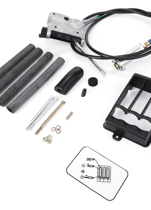 Introducing the AGCO | Lever Kit - Acw1235740 by AGCO: A comprehensive assembly kit that includes durable throttle cables, robust rubber hoses, secure screws, nuts, a sturdy mounting bracket, and an easy-to-follow instructional diagram.