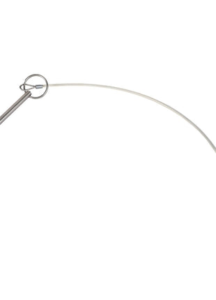 The AGCO Pin - Acw4201510 by AGCO features a versatile metal pin connected to a wire loop and a sturdy mounting bracket. The wire loop provides flexibility, ensuring the pin and bracket remain efficiently connected.