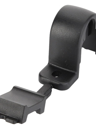 The AGCO | Clamp - 4282861M1 by AGCO is a sleek black plastic cable clamp featuring a mounting hole and a curved section, designed to securely hold a cable in place.