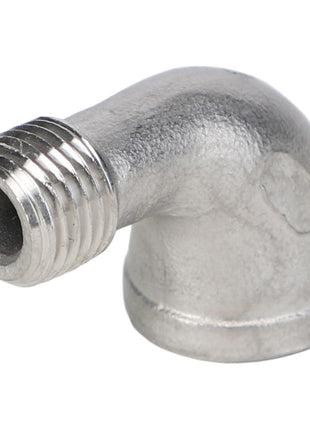 The AGCO STREET ELBOW - AG561256 is a metallic, 90-degree elbow pipe fitting featuring a male threaded end.