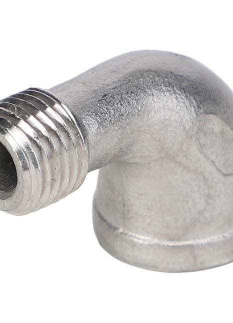 The AGCO STREET ELBOW - AG561256 is a metallic, 90-degree elbow pipe fitting featuring a male threaded end.