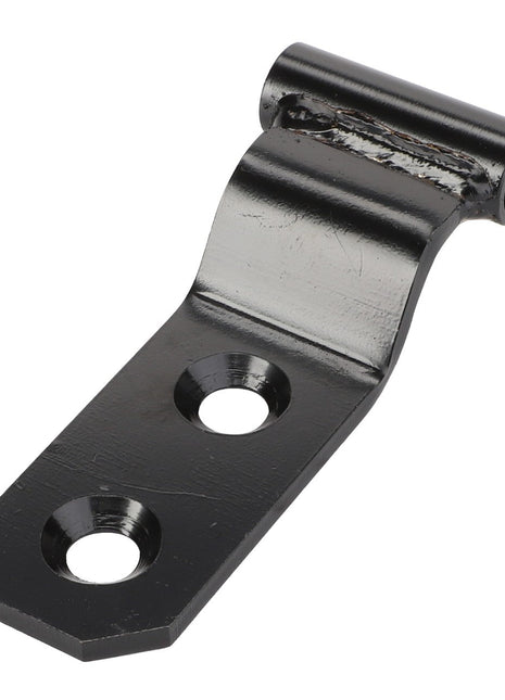 The AGCO | Hinge - Acw1678750 from AGCO is a black metal bracket that features two holes on the flat end and a circular loop on the raised end.