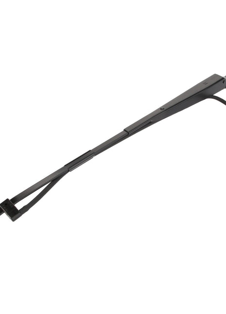 The AGCO Wiper Arm - Acw160152A is a black windshield wiper arm with an attached black blade and a mounting bracket on one end, isolated on a white background. No current product description information is available.