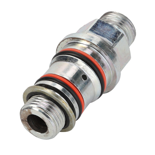 Close-up of the AGCO | ADAPTER - AL60104390, a metal hydraulic fitting featuring multiple O-rings and threaded ends, expertly designed by AGCO for sealing and connecting fluid transfer systems.