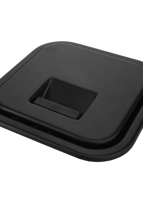 The AGCO Lid - La322041050 is a black, square-shaped plastic lid that features a recessed handle in the center.