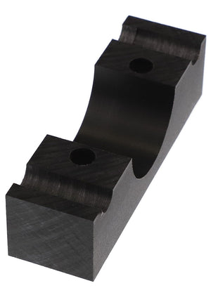 The AGCO Pillow Block - Acx009798A is a black metal bracket with two holes and grooved edges, designed for securing cylindrical objects. Further product description information is currently unavailable.