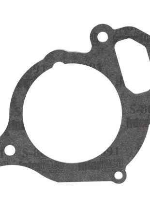 AGCO | Gasket - V836120128: A flat, irregularly shaped gasket with multiple bolt holes and a large central opening. The material is dark gray and textured.