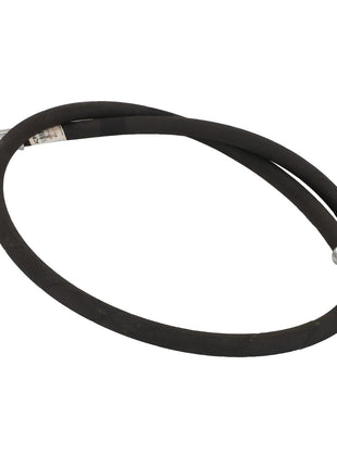 AGCO | Hydraulic Hose - Acp0015830: A black rubber hose with silver metal fittings at both ends, coiled into a loop on a white background.