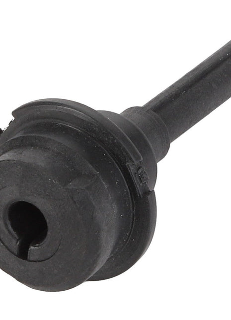 Close-up of the AGCO | SHAFT - AG708728, a black cylindrical mechanical component featuring a protruding rod, likely used in industrial or automotive applications. This product is manufactured by AGCO.