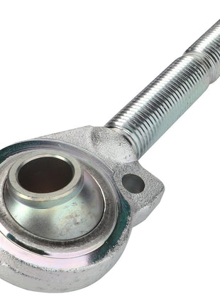 Close-up image of the AGCO | Ball End, Top Link - Acp0515760, featuring a metallic rod end bearing with a threaded shaft, ideal for hitch and linkage components. The spherical joint is housed in a circular casing with an attachment hole, commonly found in AGCO Parts Top Links.