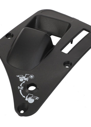 The AGCO Cladding - Acw0261230 is a black plastic scooter or motorcycle panel featuring white graphics that indicate two positions and includes holes for mounting. This panel is produced by AGCO.