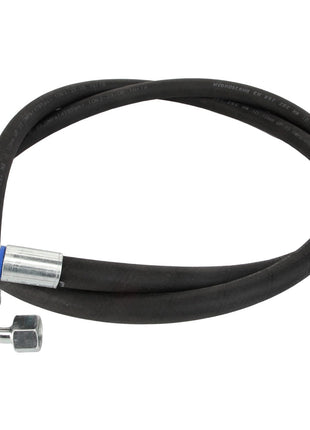 A coiled black AGCO hydraulic hose, model Acw2120500, featuring silver fittings at both ends, one of which is connected to a blue ring. No current product description information is available.