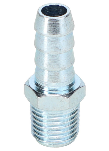 The AGCO | ADAPTER FITTING - AG559415 by AGCO is depicted in a close-up image, showcasing its silver metal hose barb fitting design with a tapered barb on one end and a threaded male connector on the other.