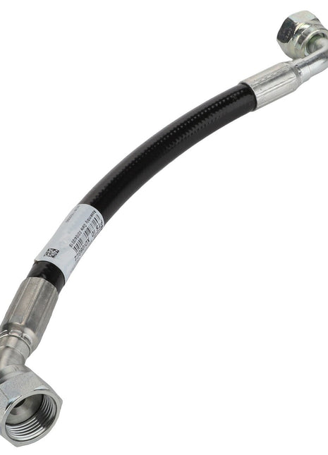 The AGCO Air Compressor Hose - Acw1153390, a curved black hydraulic hose, features metal fittings at both ends—one straight and the other angled. Additional product description information is not currently available.