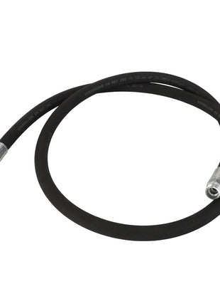 The AGCO | Hydraulic Hose - Acw3661430 is a versatile black hydraulic hose with metal fittings on both ends, gracefully bent into a curved shape against a pristine white background.