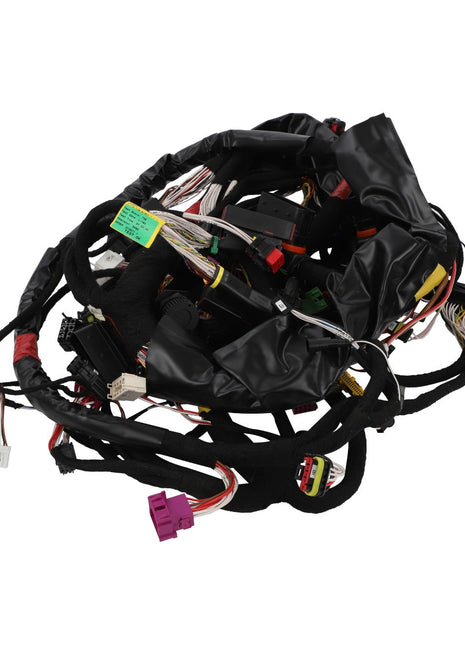 An AGCO harness (model Acw039166A) featuring a neatly organized array of multicolored electrical wires with various connectors, all encased in a sleek black protective material.