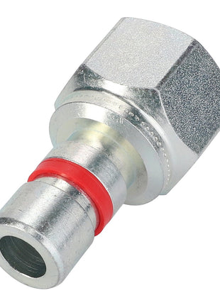 A close-up of the AGCO PLUG - AL11120600 hydraulic fitting, showcasing a hexagonal nut and cylindrical connector, complete with a red O-ring seal. No current product description is available for this specific component.
