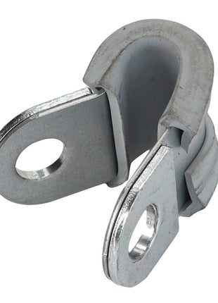 No current product description available, but here's a brief overview: The AGCO Clip - Acp0359540 is a metal P-clamp with a rubber lining designed for securing cables and wires.