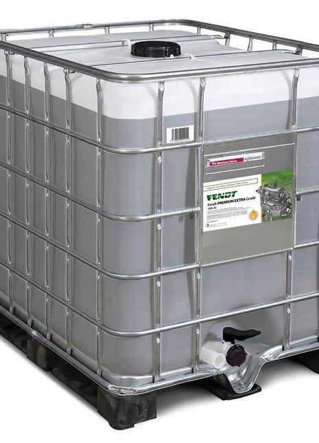 Image of a large IBC (Intermediate Bulk Container) with a metal frame, containing liquid and a label indicating AGCO | Fendt Premium Extra Grade 10W-40 1000L - Fx991500449 lubricant.